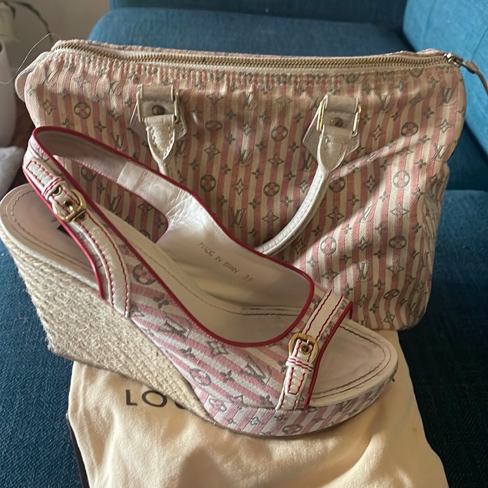 Louis Vuitton Wedge Peep Toe Heel and Matching Handbag. Authentic
